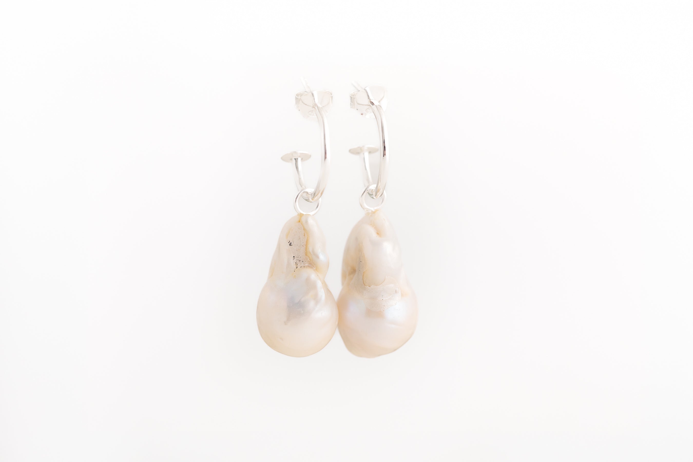Large Silver Baroque Pearl Hoop Earrings