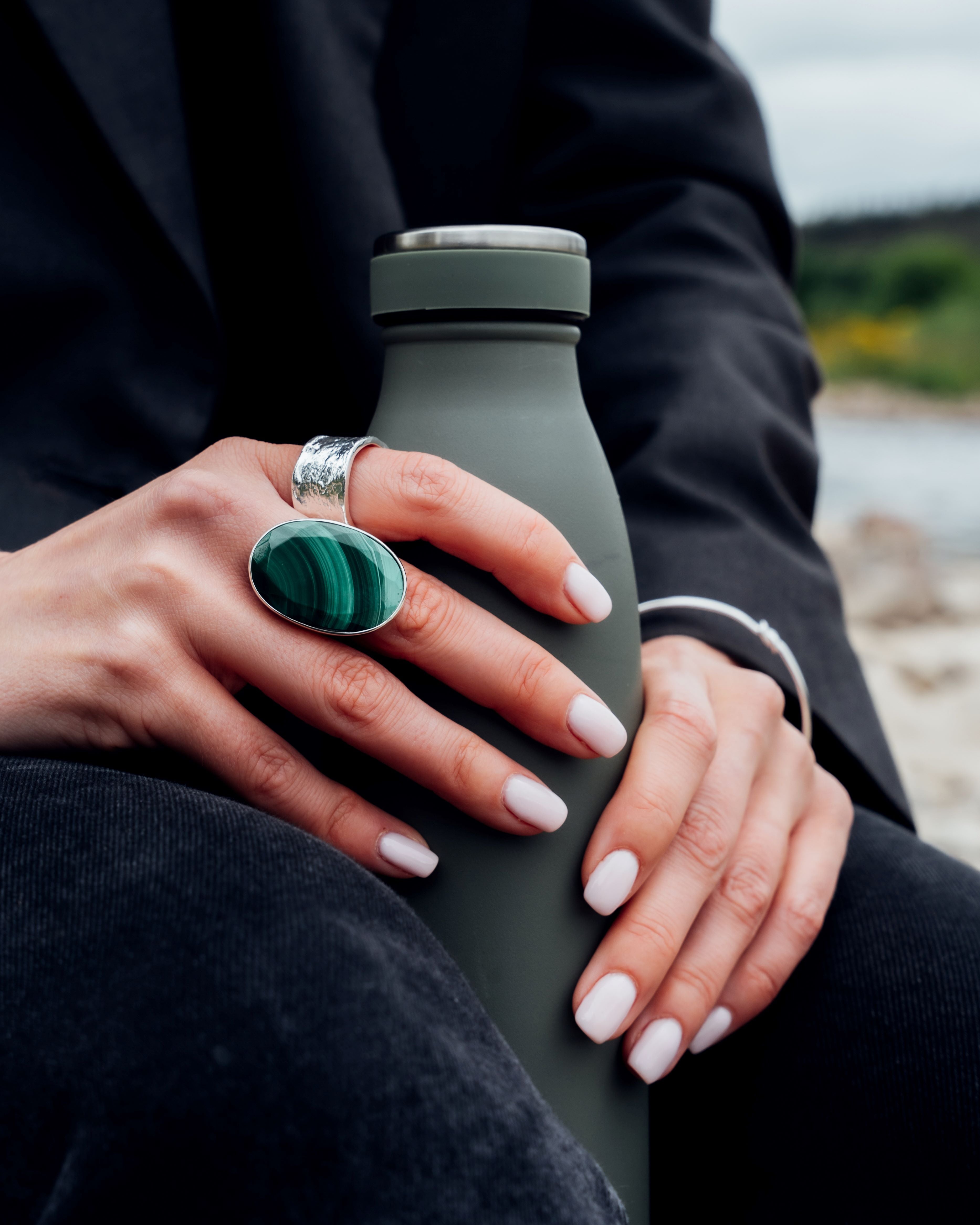 Large Silver Malachite Ring