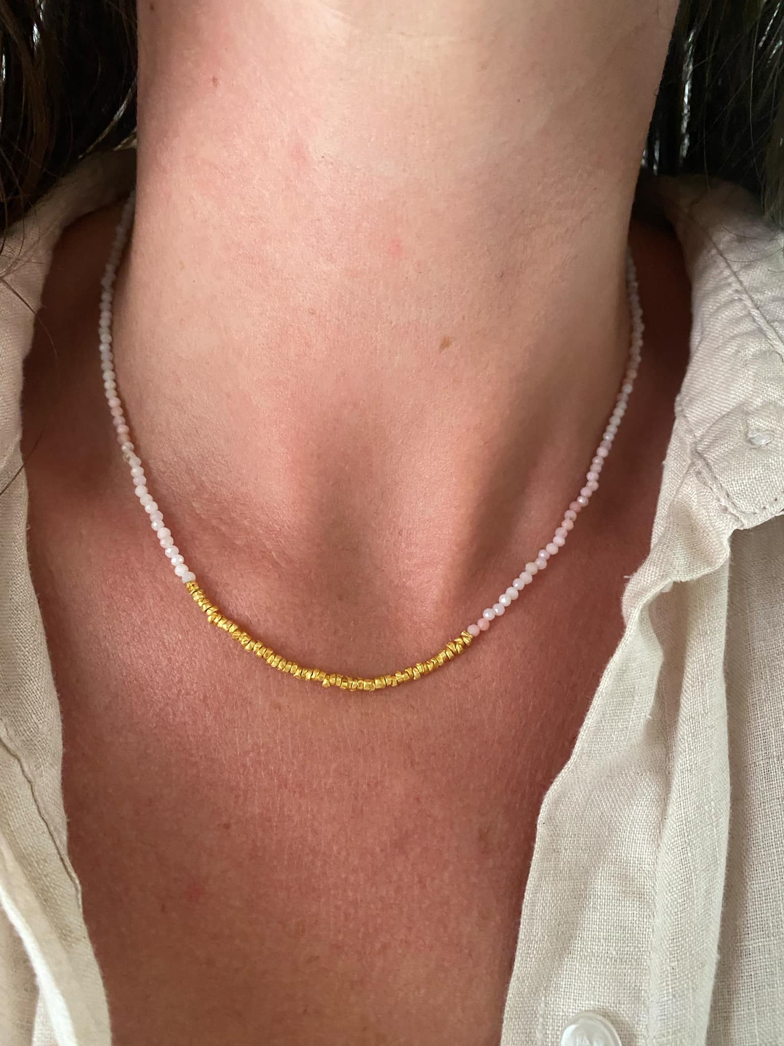 Pink Opal and Gold Beaded Necklace