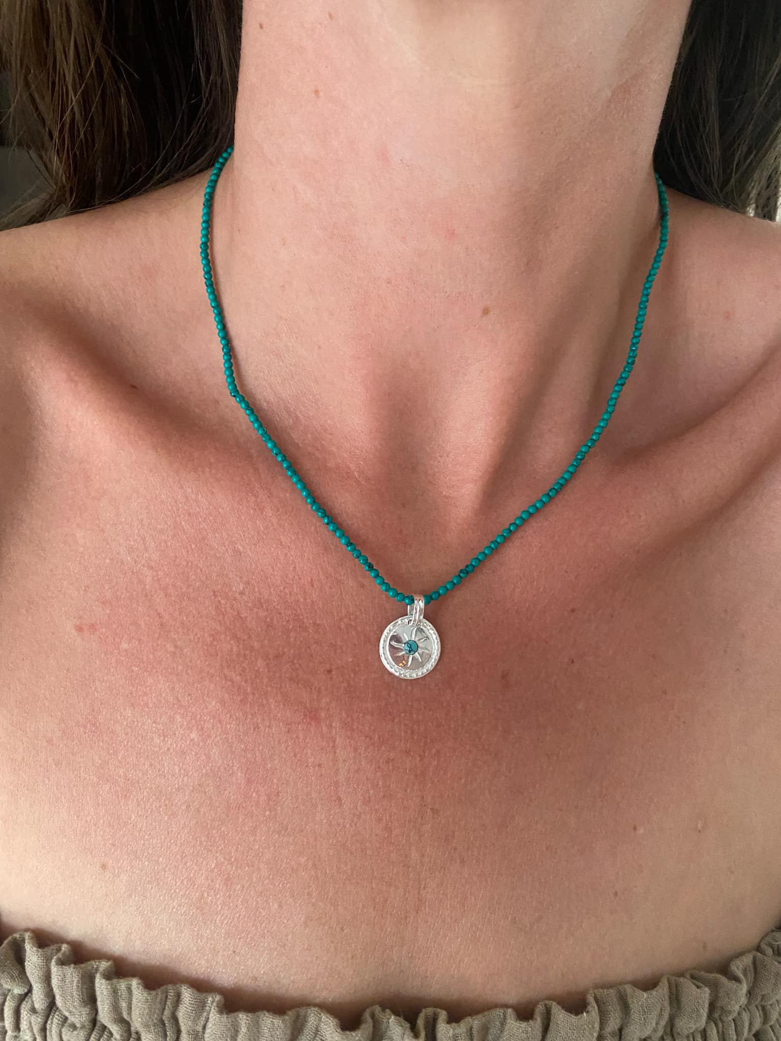 Turquoise Beaded Neckace with Detachable Silver Pendant