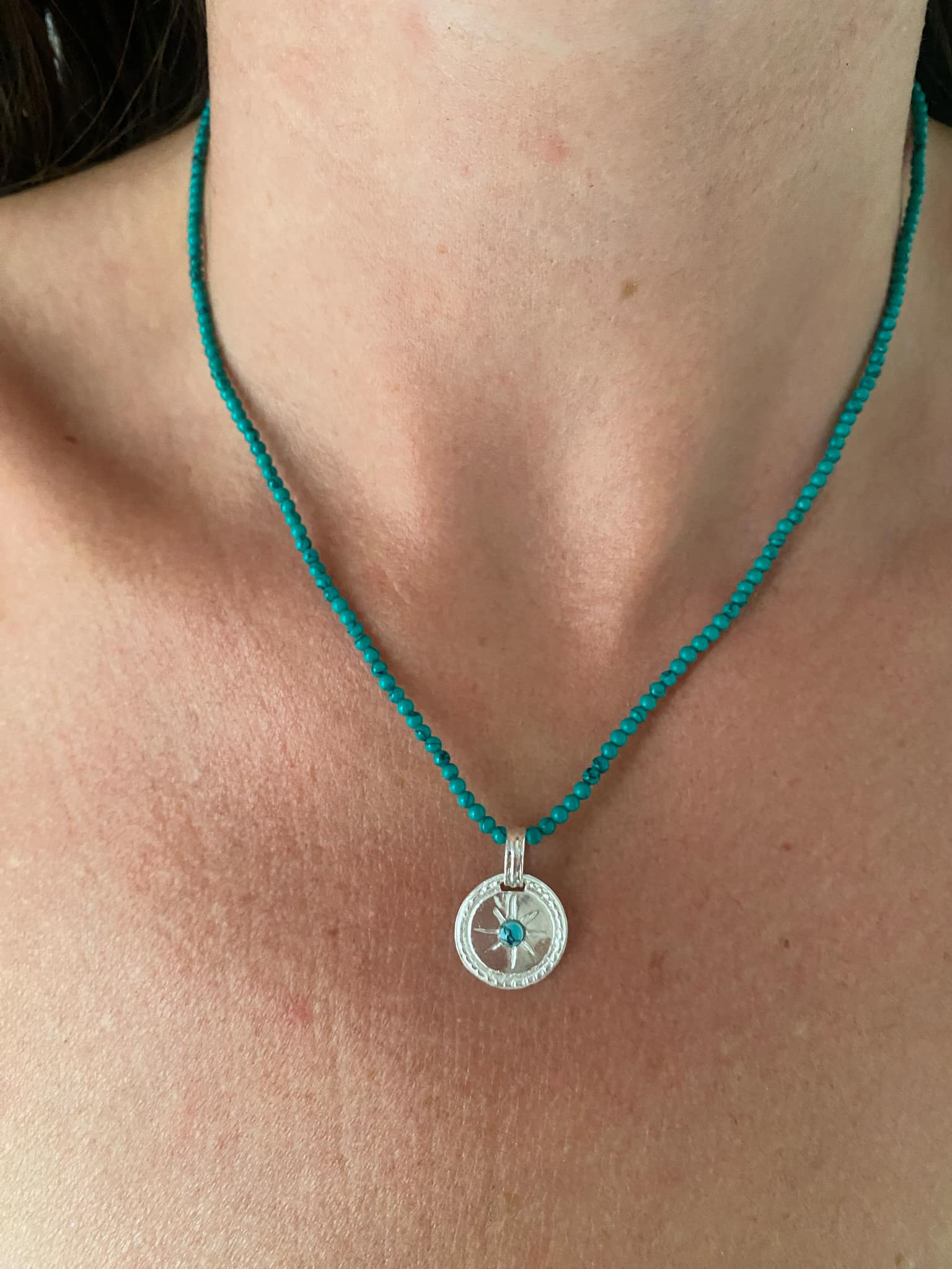 Turquoise Beaded Neckace with Detachable Silver Pendant