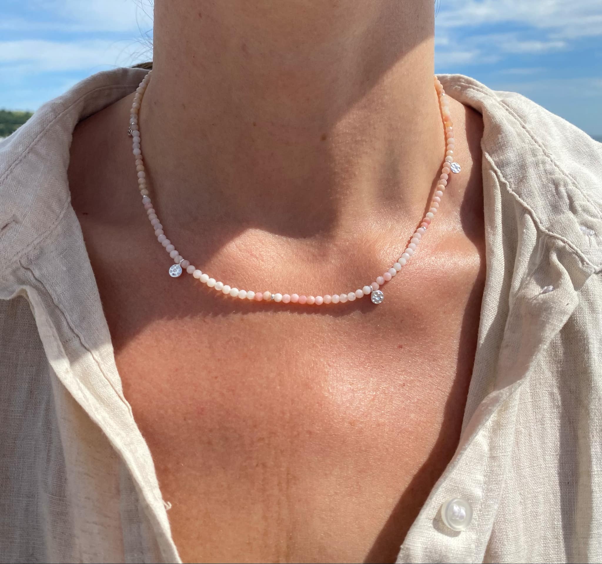 Pink Opal and Hammered Disc Necklace