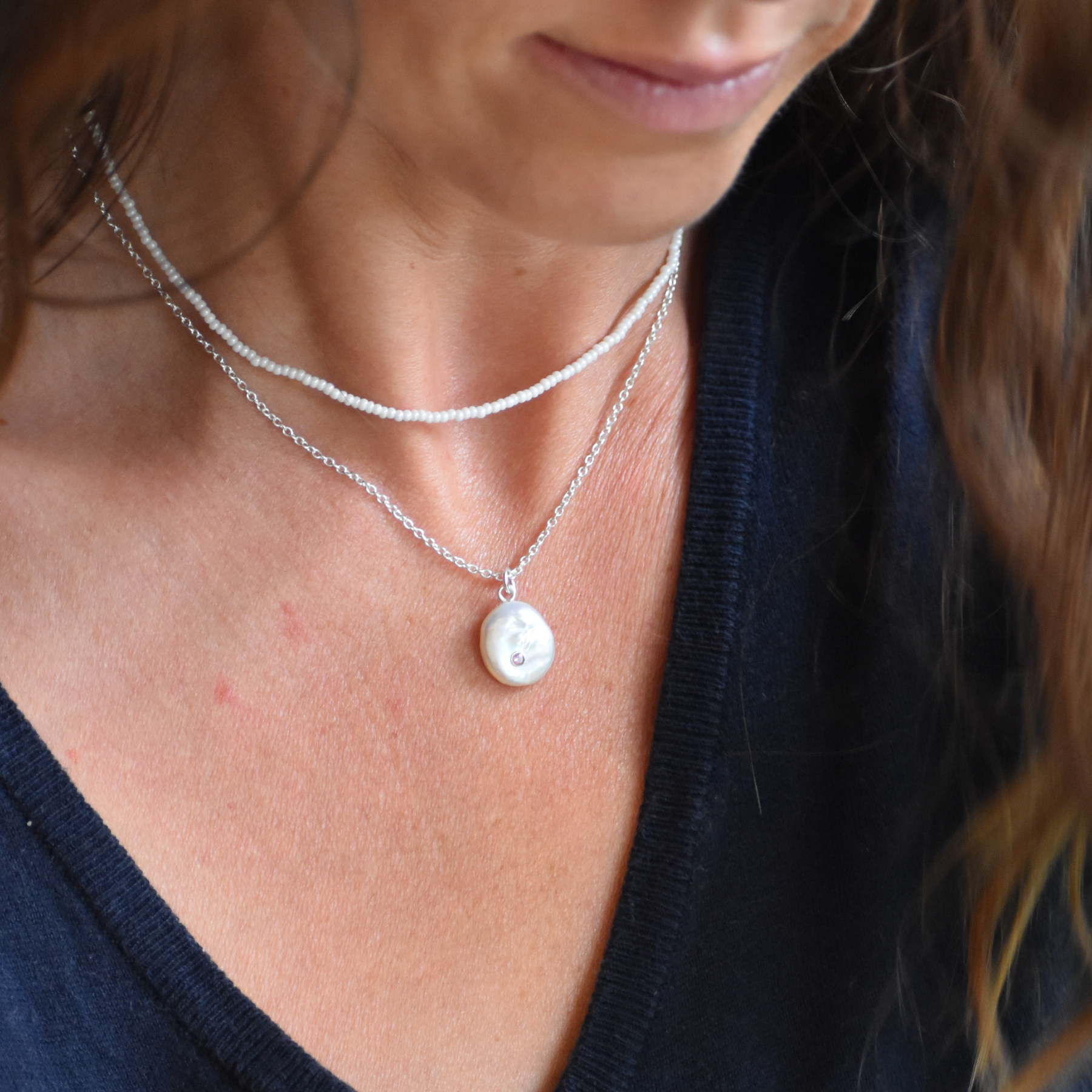 Silver Pearl and Pink Tourmaline Necklace