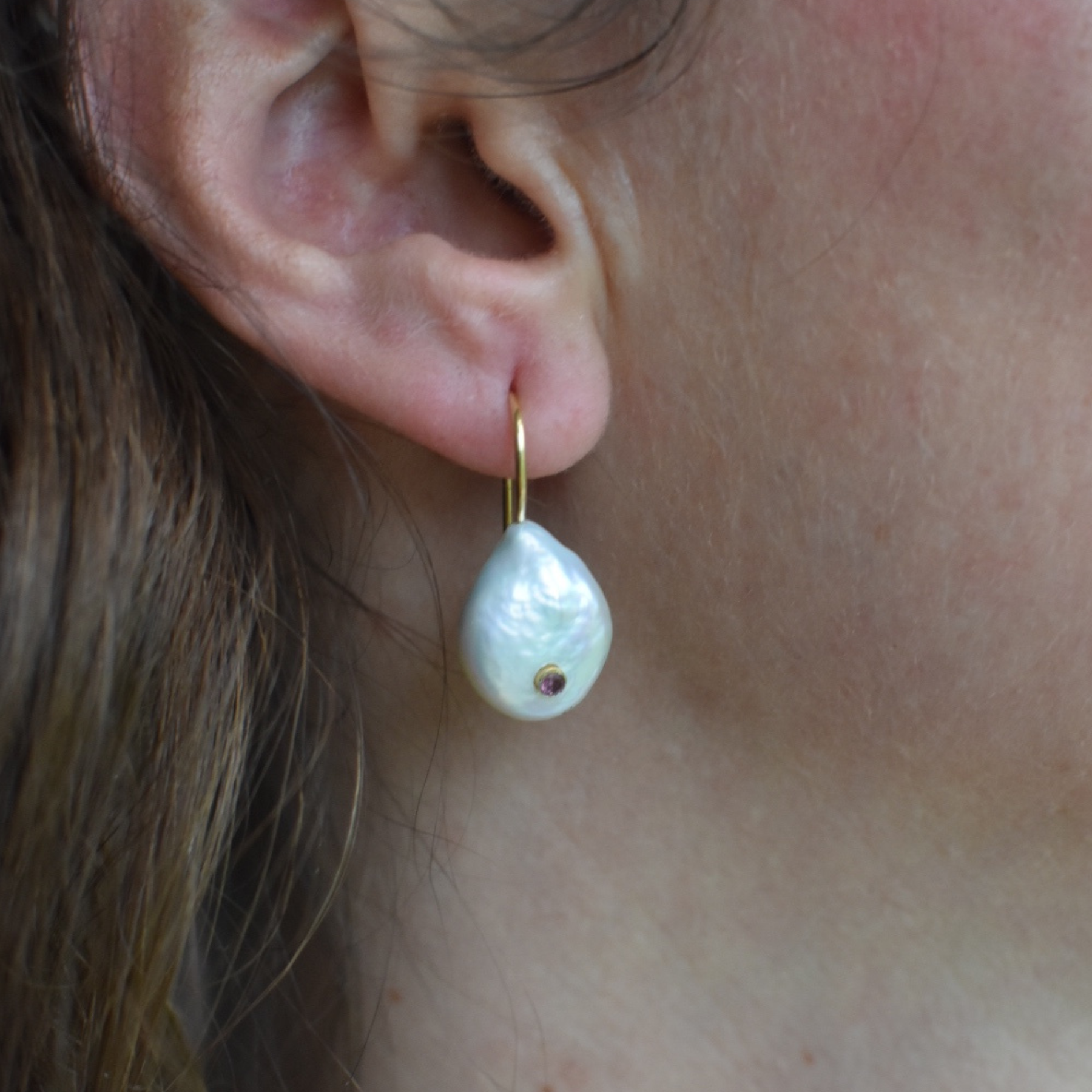 Gold Pearl and Pink Tourmaline Earrings