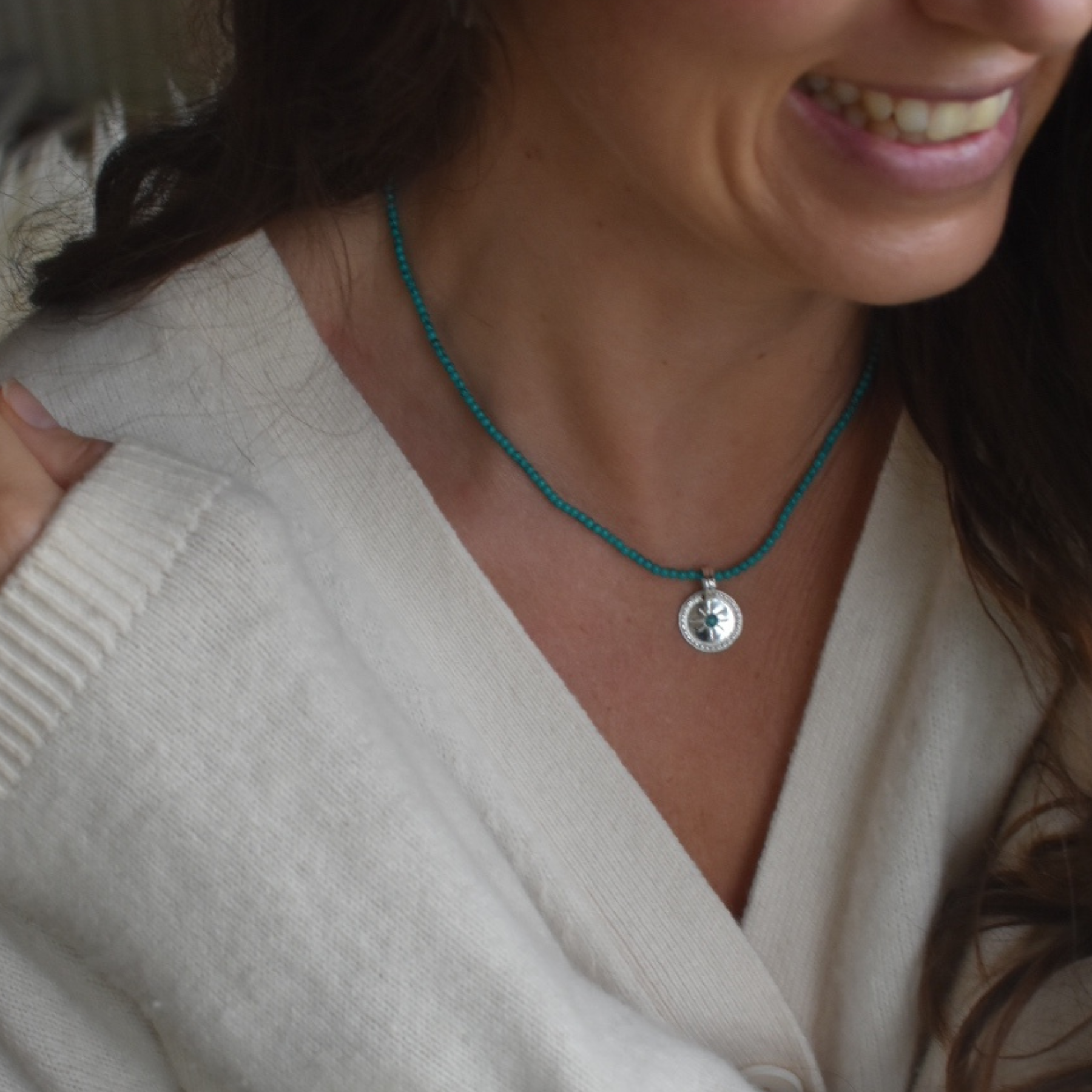 Turquoise Beaded Neckace with Detachable Silver Pendant