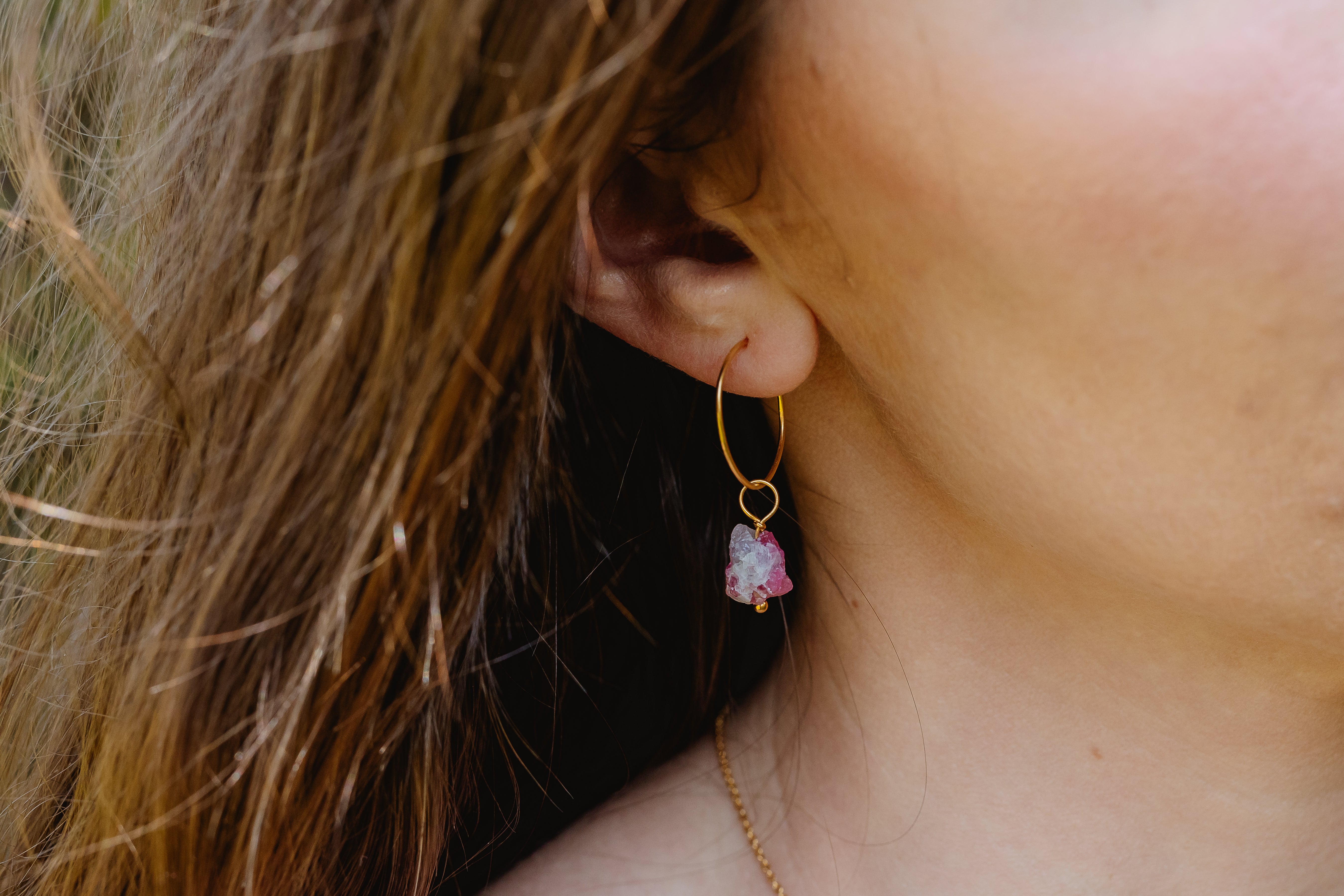 Gold Natural Crystal Hoop Earrings
