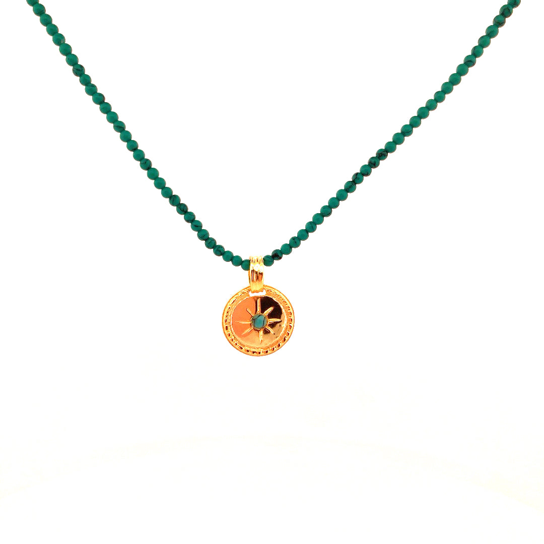 Turquoise Beaded Neckace with Detachable Gold Pendant