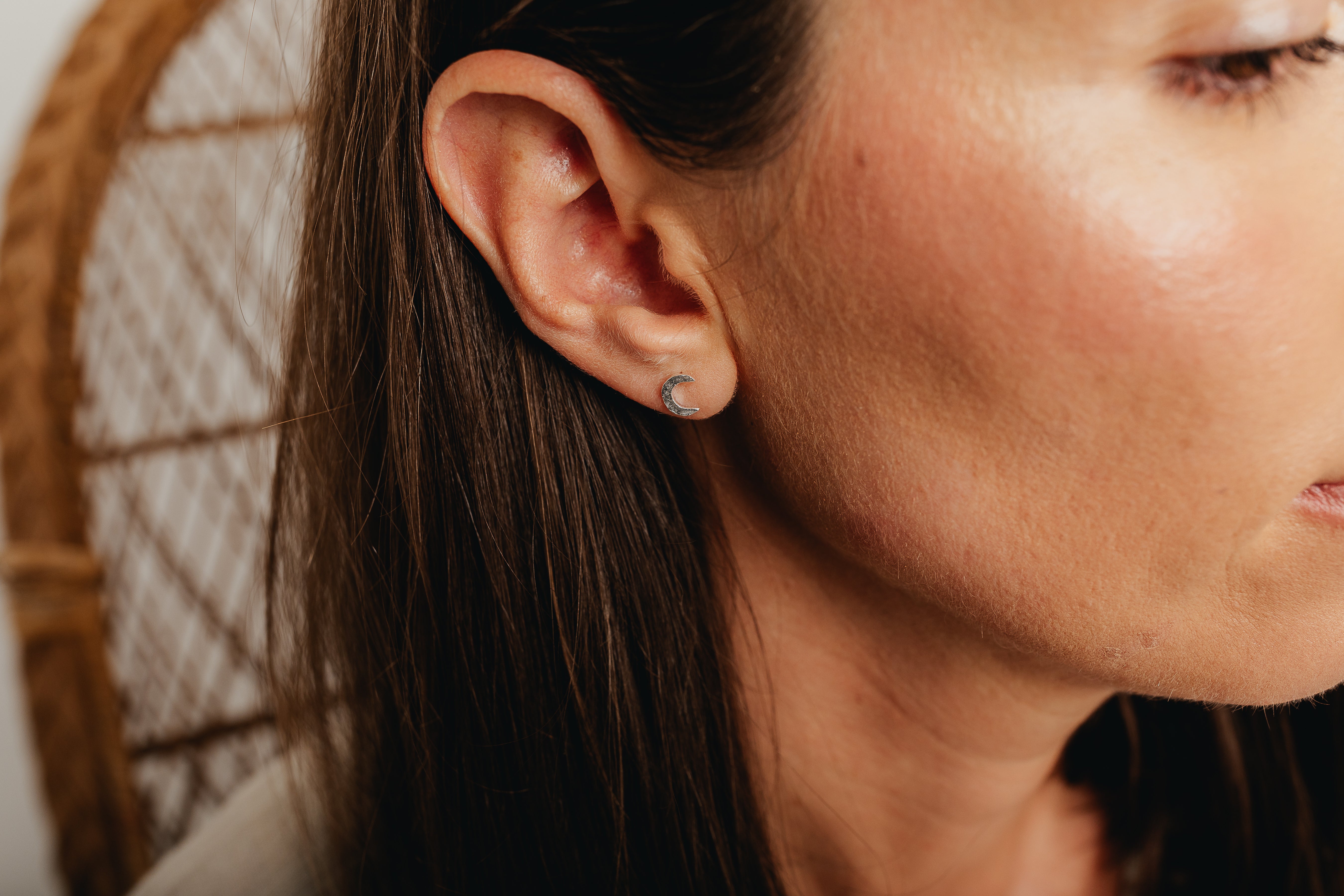 Silver Hammered Moon Stud Earrings