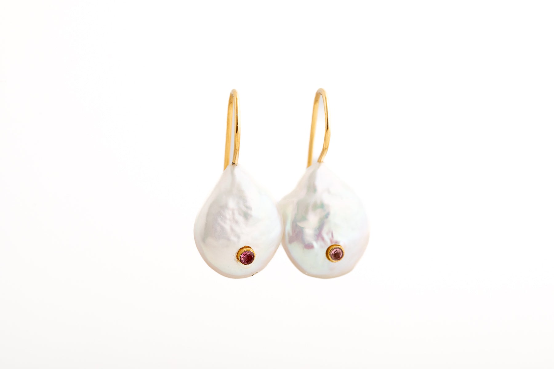 Gold Pearl and Pink Tourmaline Earrings