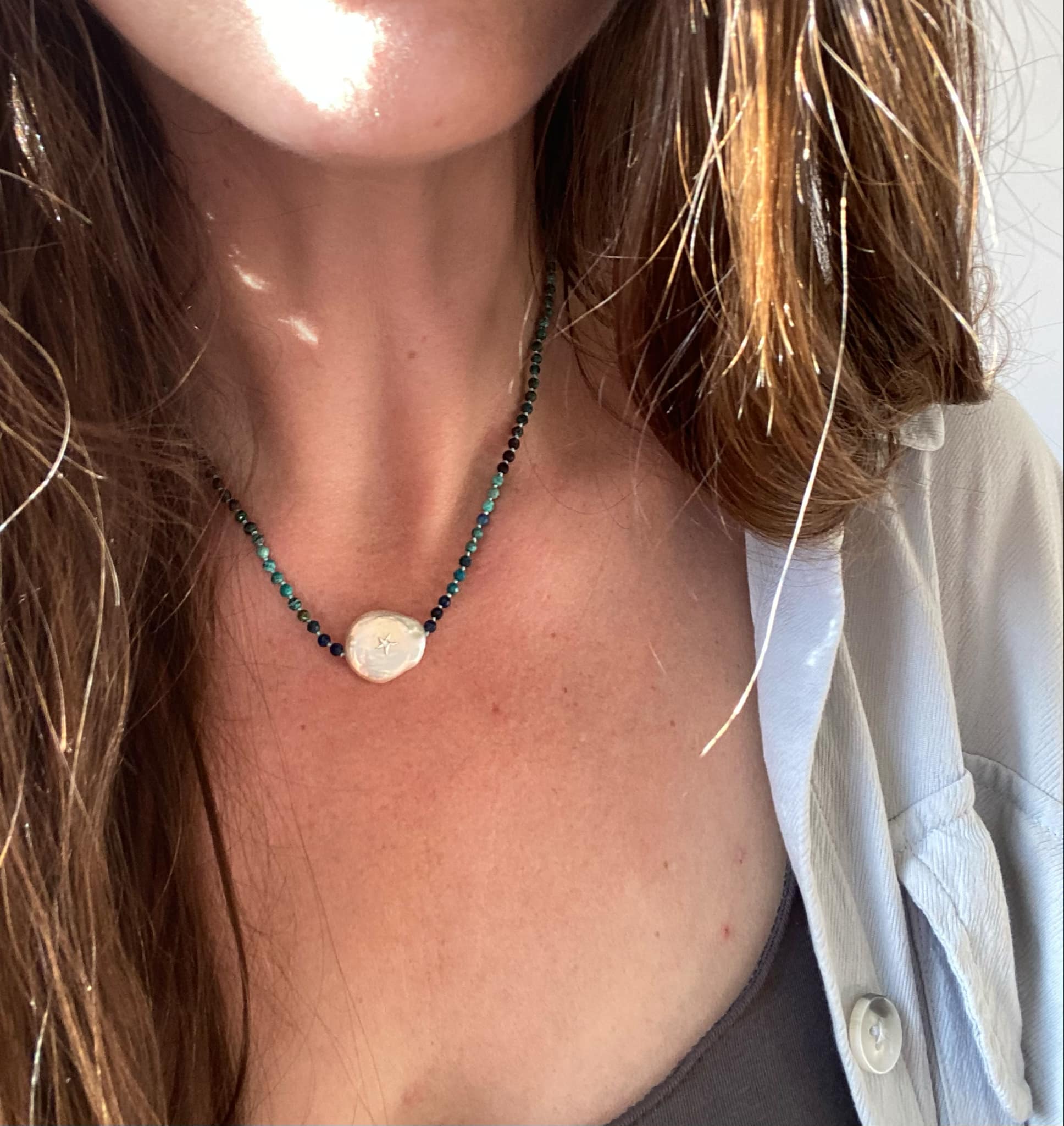 Chrysocolla and Pearl Necklace