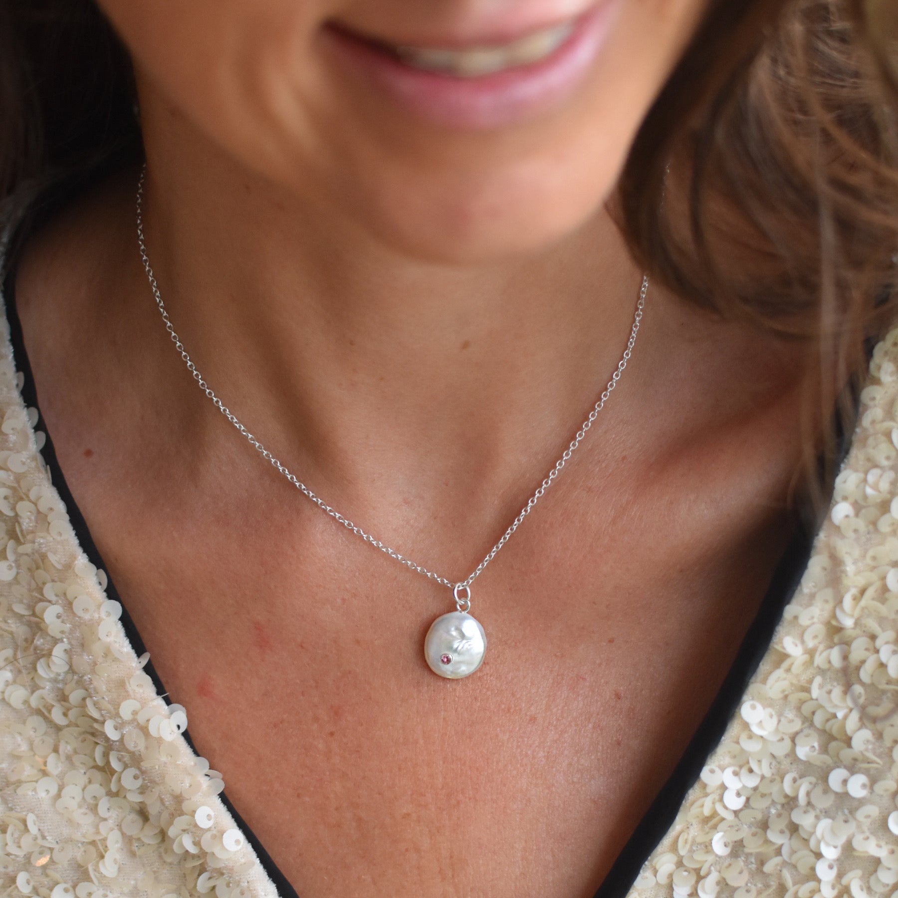 Silver Pearl and Pink Tourmaline Necklace