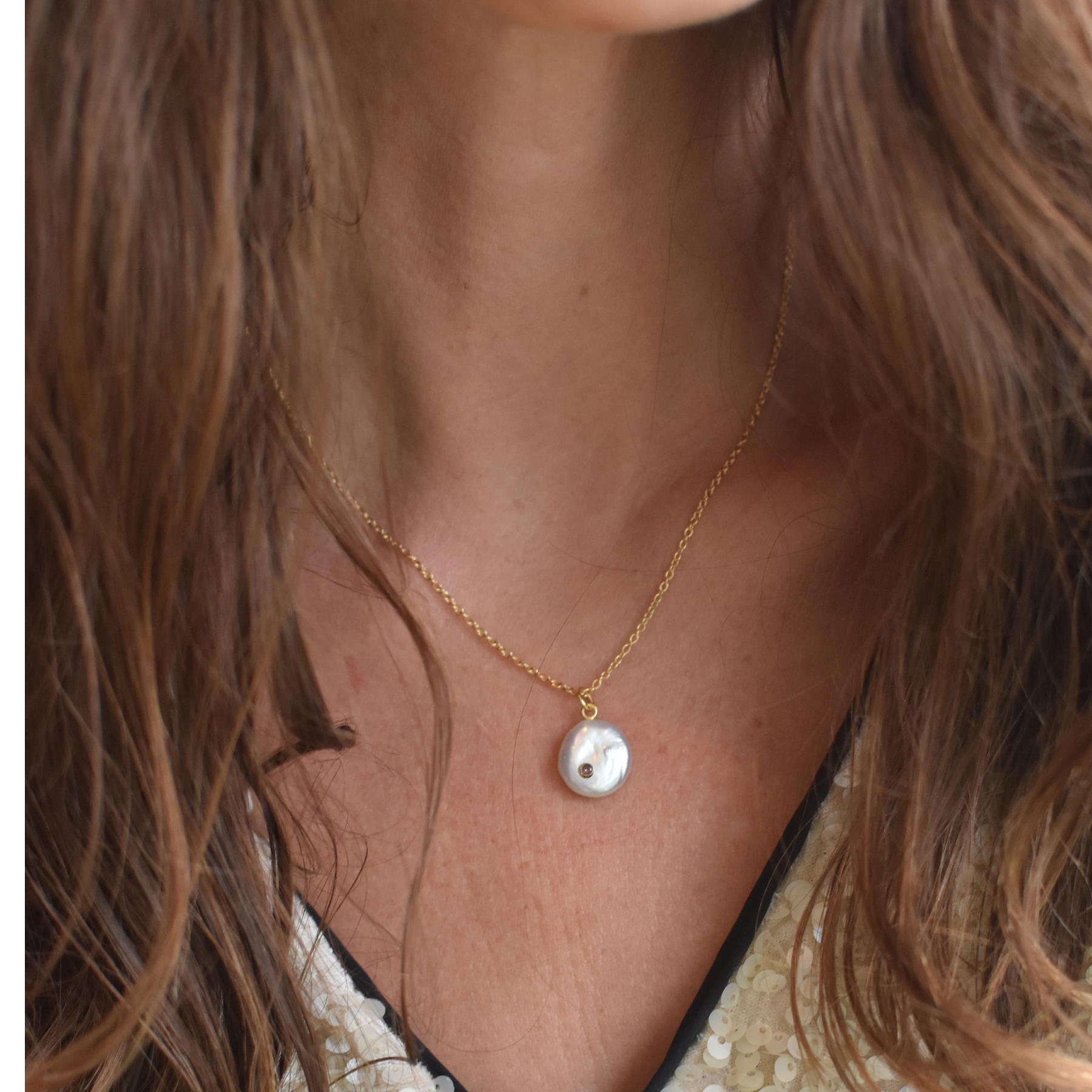 Gold Pearl and Pink Tourmaline Necklace