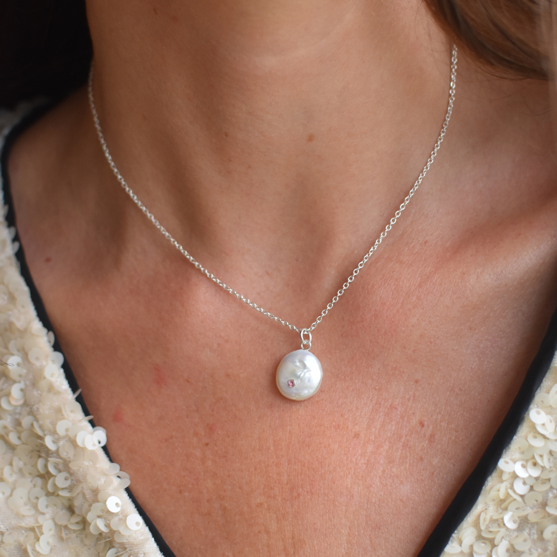 Silver Pearl and Pink Tourmaline Necklace