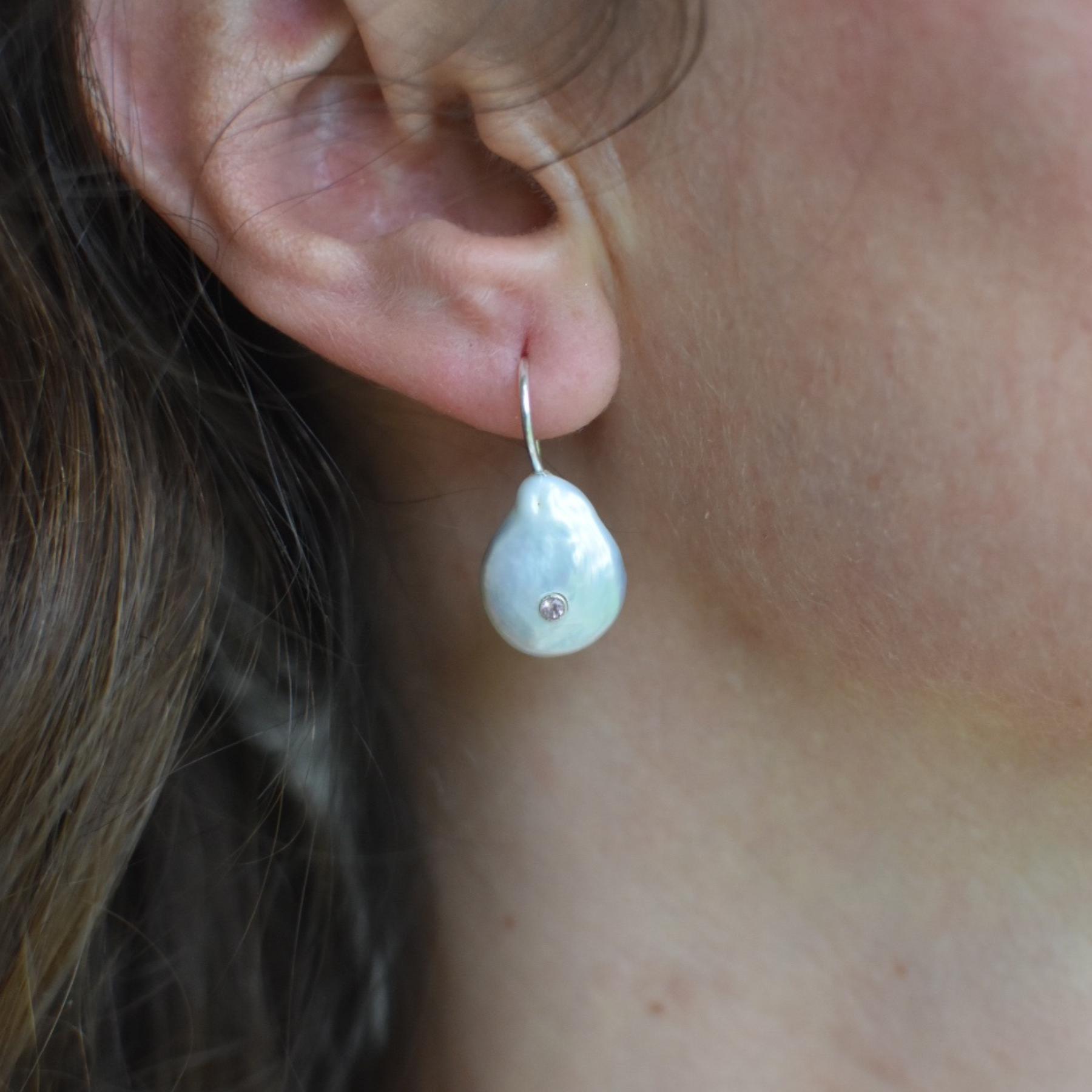 Silver Pearl and Pink Tourmaline Earrings