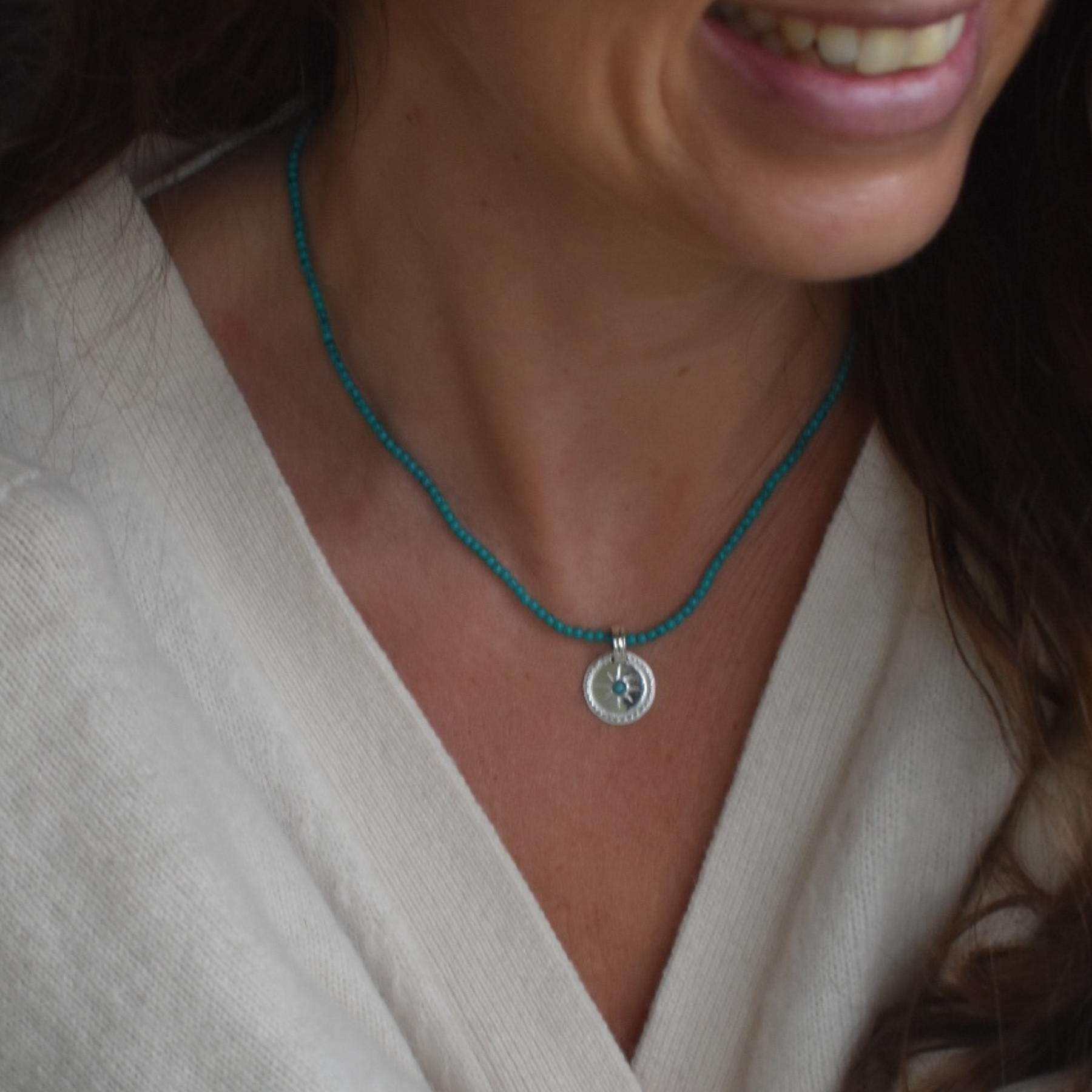 Turquoise Beaded Neckace with Detachable Silver Pendant