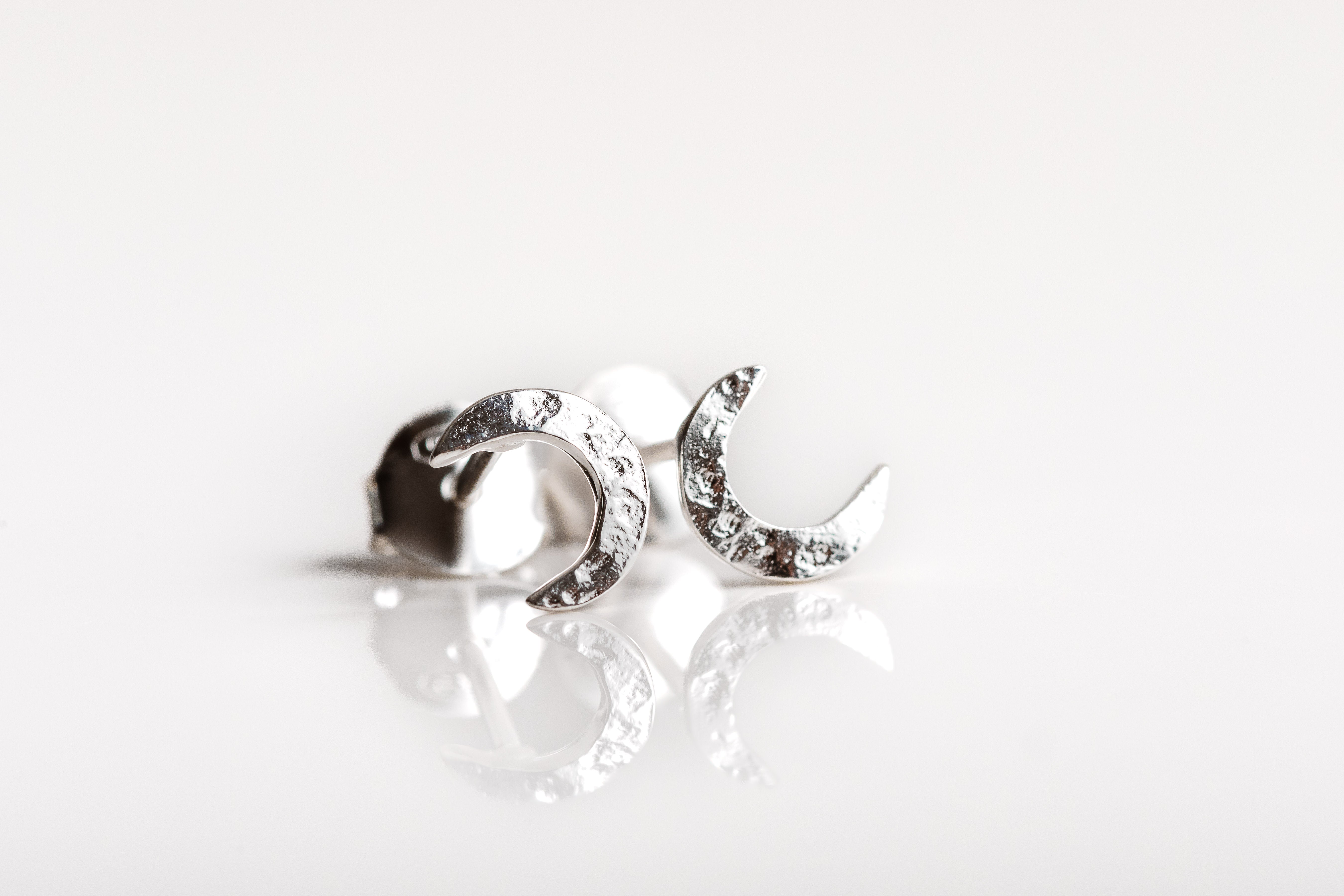 Silver Hammered Moon Stud Earrings
